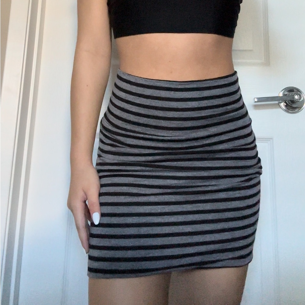 Mind Code Black and Grey Striped Mini Fitted Skirt